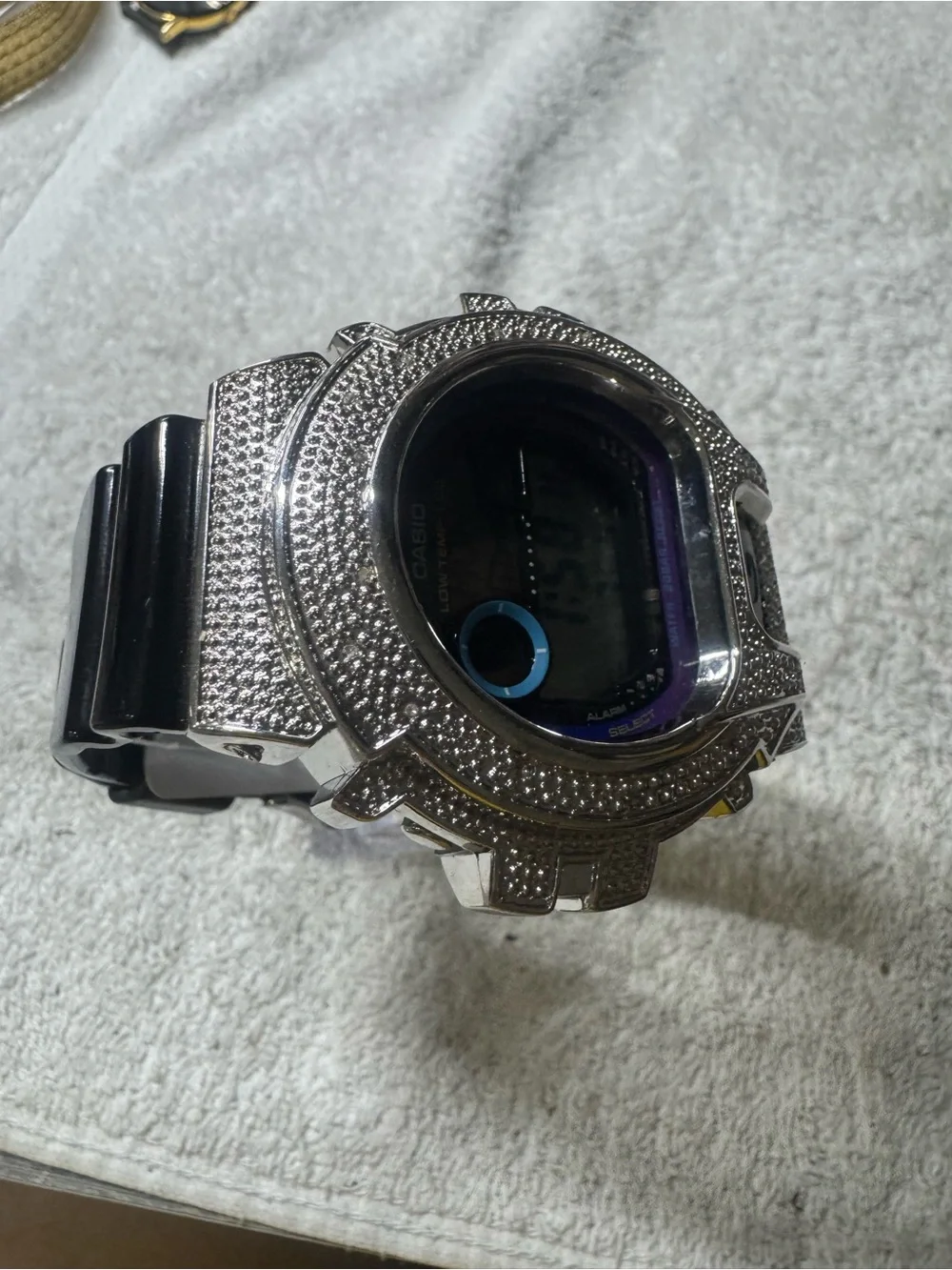 Casio Digital Watch with Silver Pavé Bezel and Black Strap